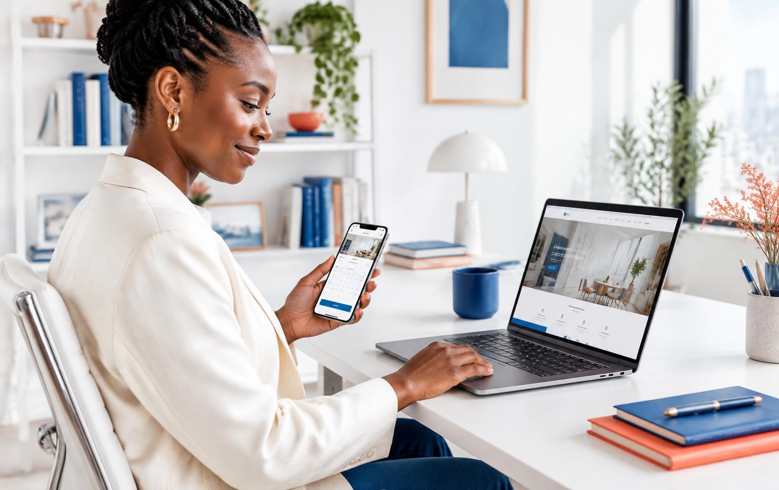 Business owner using a website on a laptop and phone